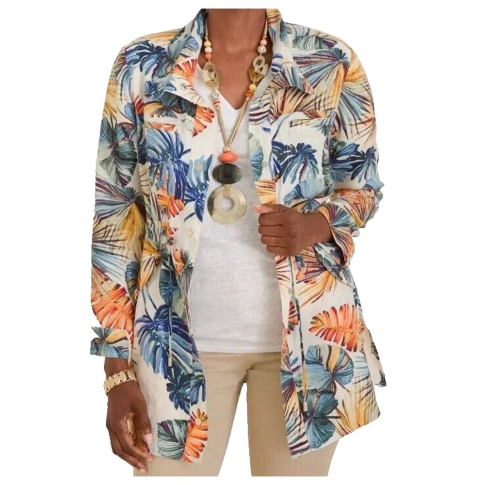Chicos 2P Womens‎ Utility Jacket Sz Large 12/14 Petite Linen Tropical Palm Print